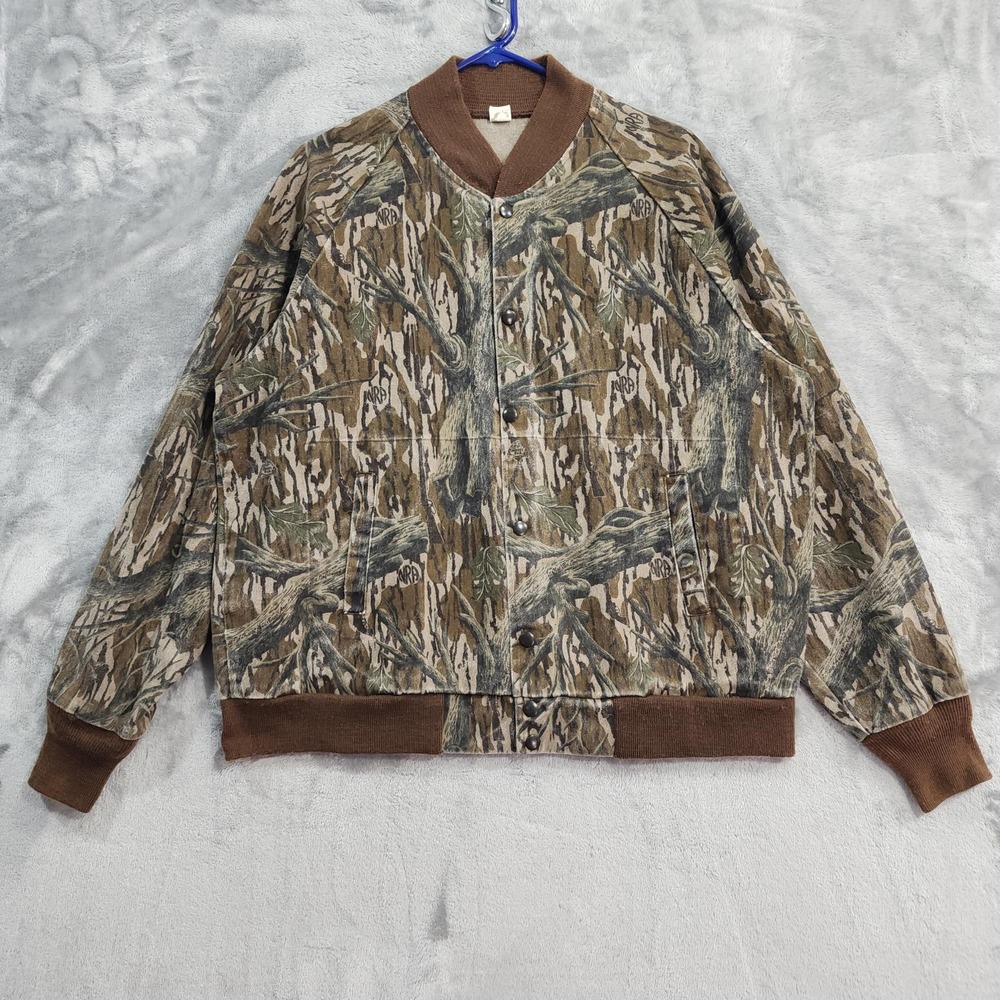 Vintage Mossy Oak Camo Bomber Jacket Mens L Brown Canvas Hunting NRA Guns Snap